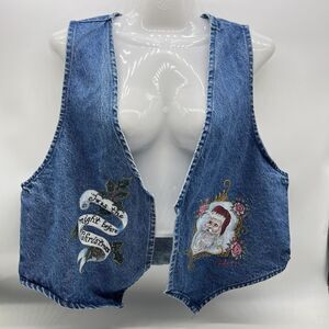 Vtg Hand Painted Christmas Denim Vest Santa Claus/Holly Ribbon w/Quote Size L